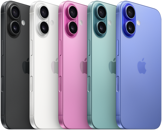 Cinque iPhone 16 visti da dietro nei colori disponibili, nero, bianco, rosa, verde acqua, blu oltremare. Si notano il sistema evoluto a doppia fotocamera rialzato e il logo Apple al centro