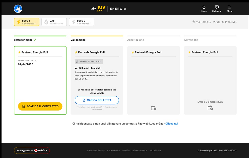 Schermata stato attivazione Fastweb Energia